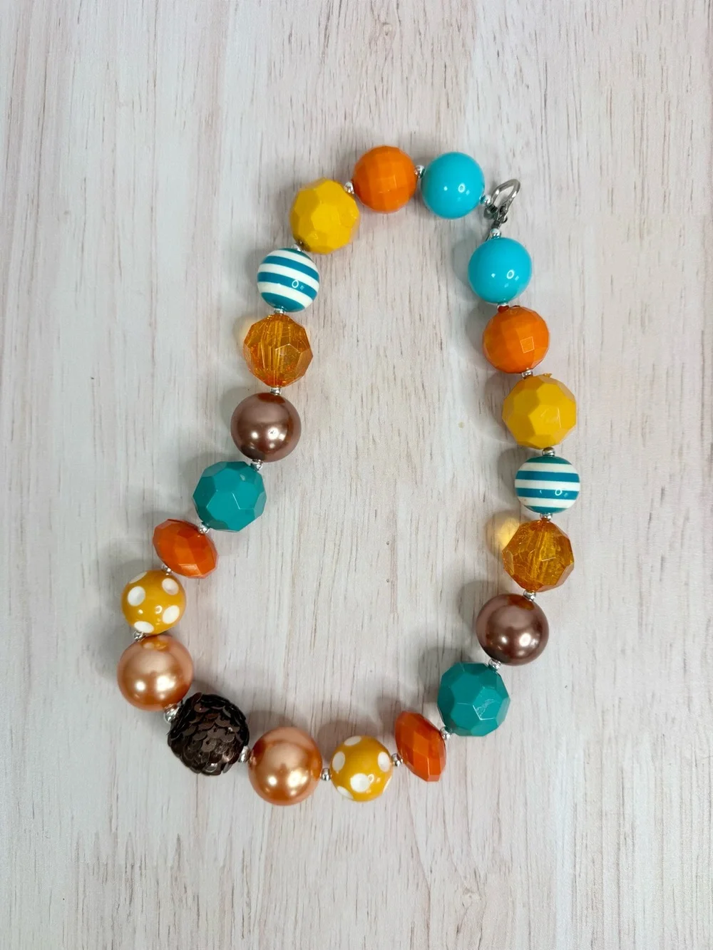 Colorful Chunky Beaded Necklace - Teal, Orange, Yellow, Bronze